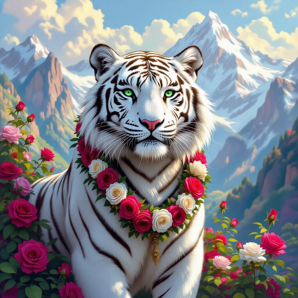 White Tiger in Mountain of Roses: Dreamy Art