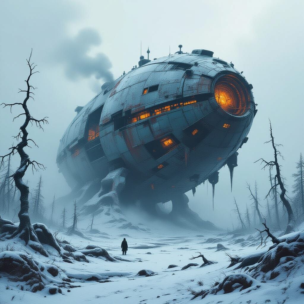 Derelict Biomechanical Ship in Frozen Alien Tundra