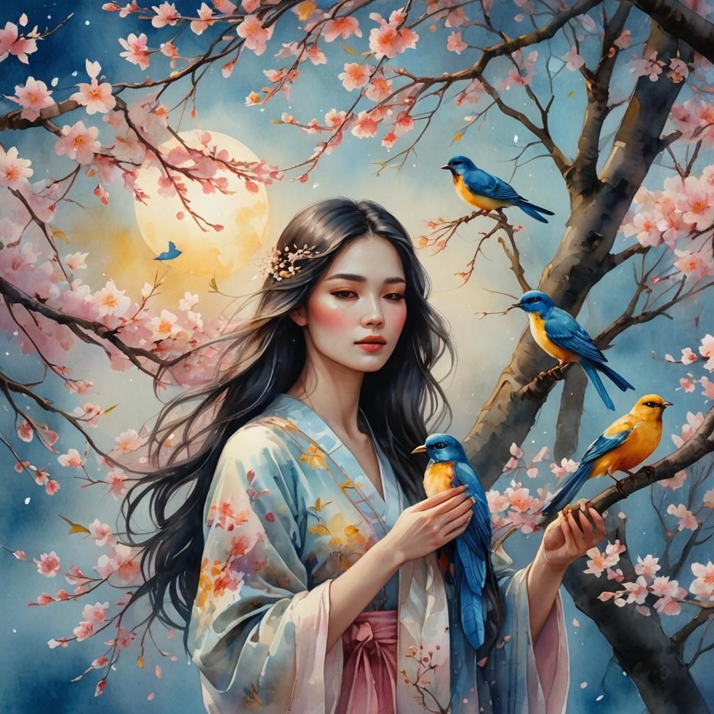 Dreamy Watercolor Woman with Bird and Blossoms