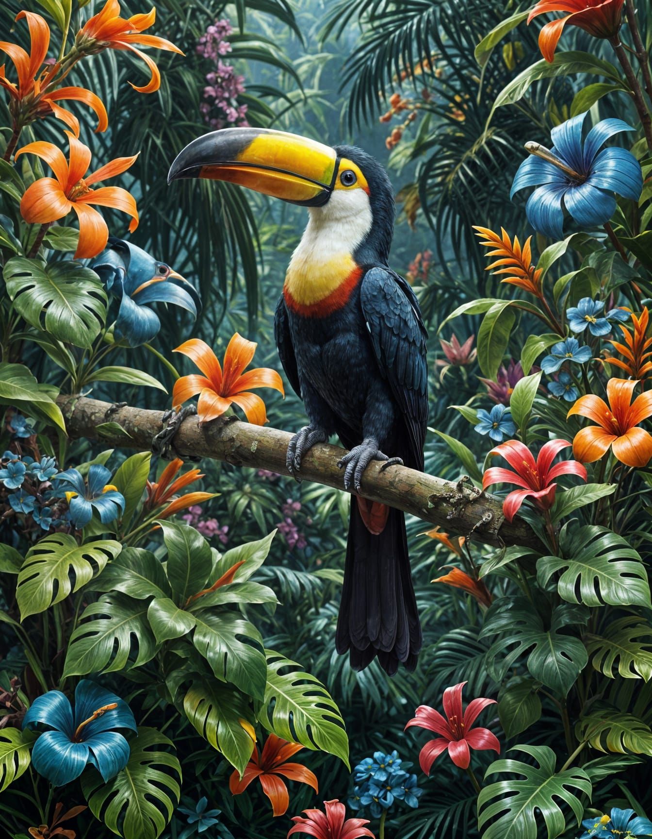 Vibrant Tropical Paradise Scene in Abstract Graffiti Art