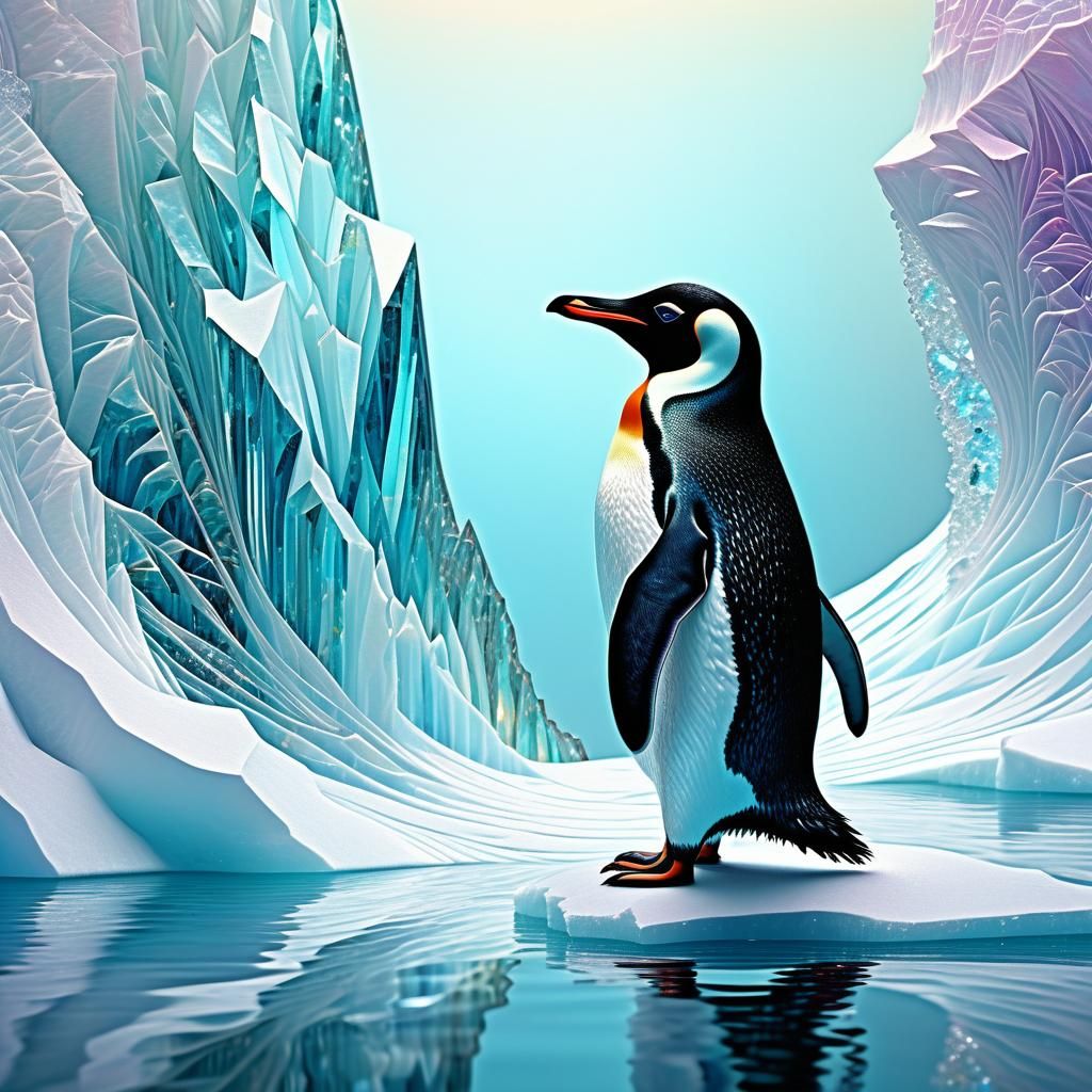 Penguin on Crystal Iceberg in Surreal Style