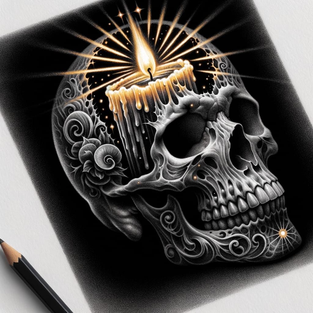 Candle Burning in Skull: Charcoal Tattoo Stencil