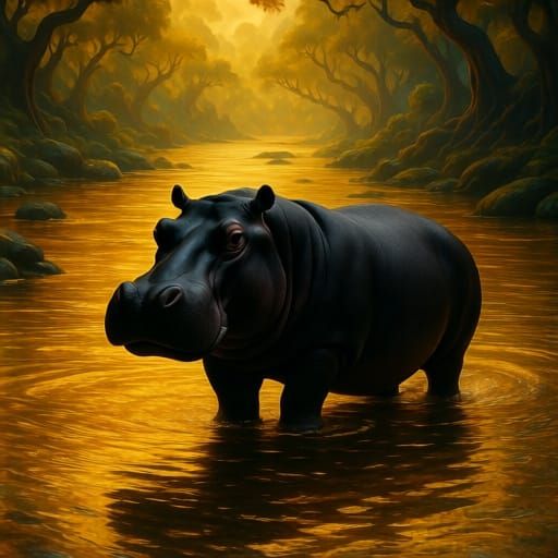 Majestic Black Hippo in Golden River Fantasy