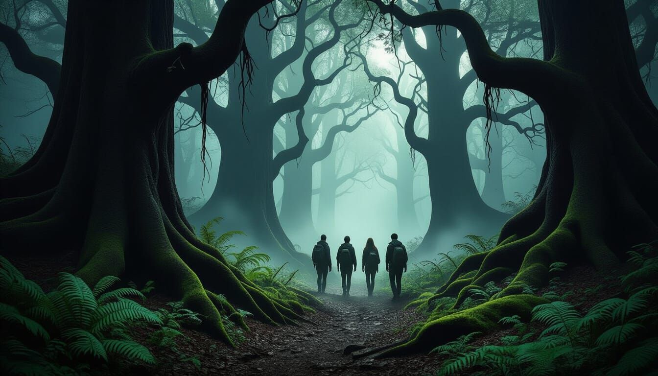 Shadowy Forest with Hikers in Dark Fantasy Style