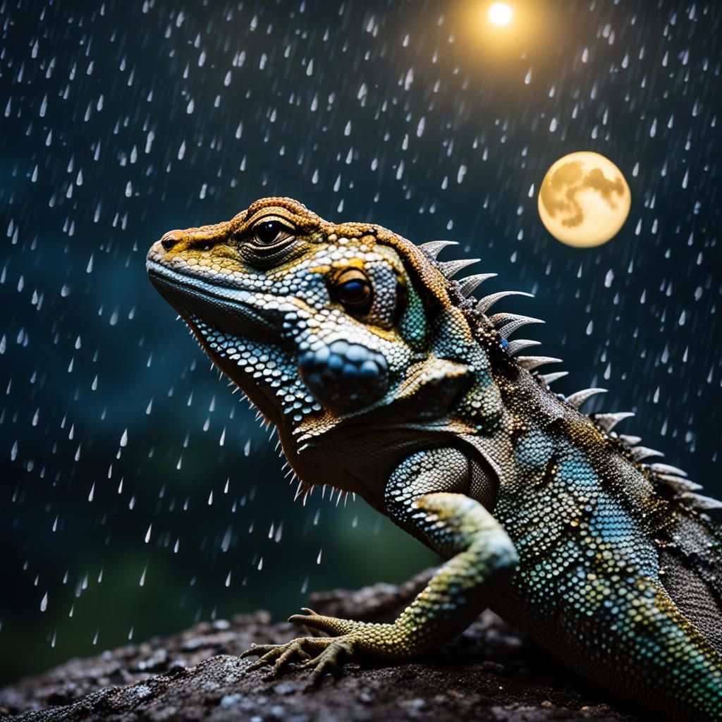 Lizard Gazes at Moon from Mountain Peak