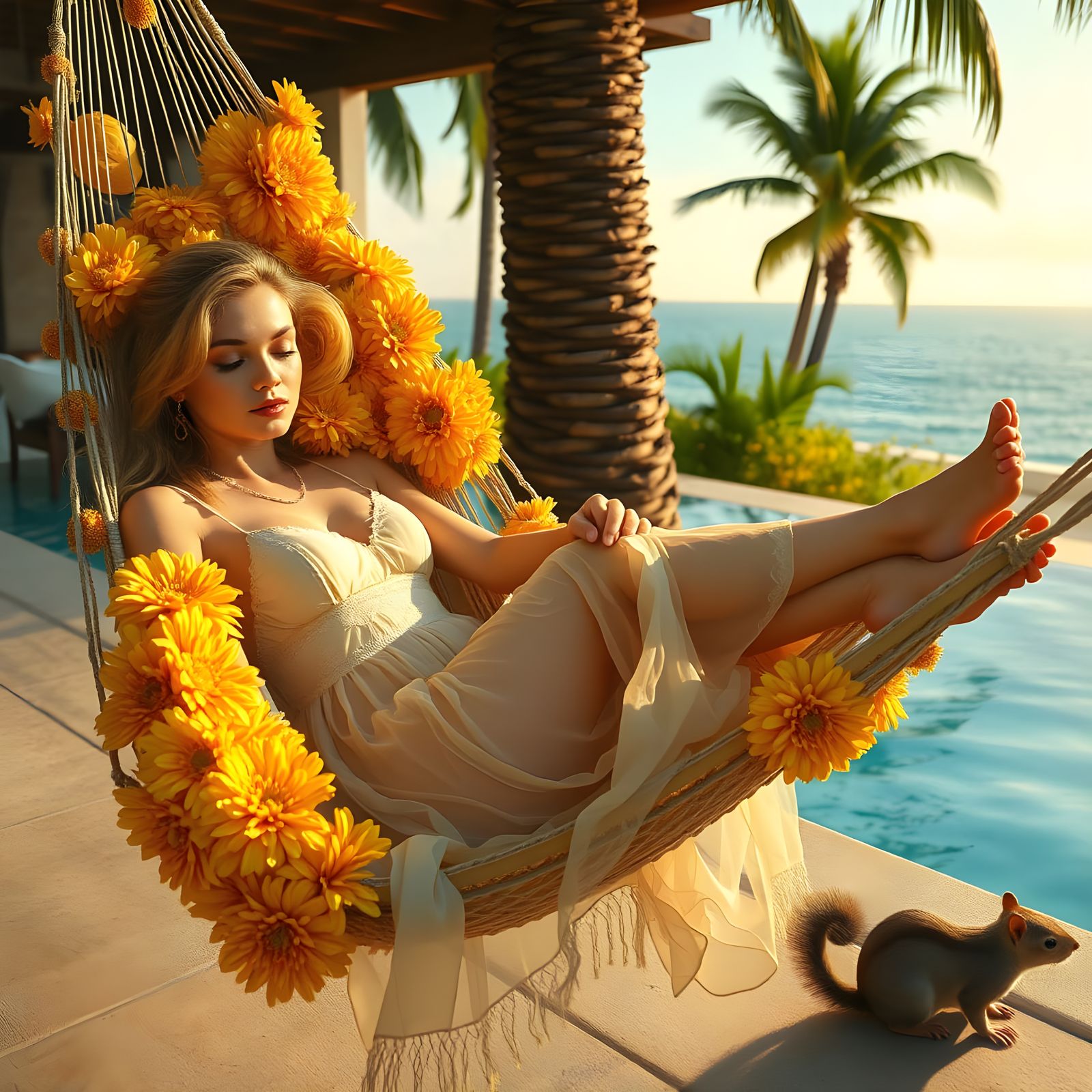 Serene Woman Sleeps in Floral Hammock by Pool