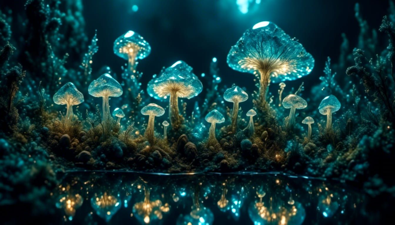 Glowing Alien Crystal Mushroom Forest at Night