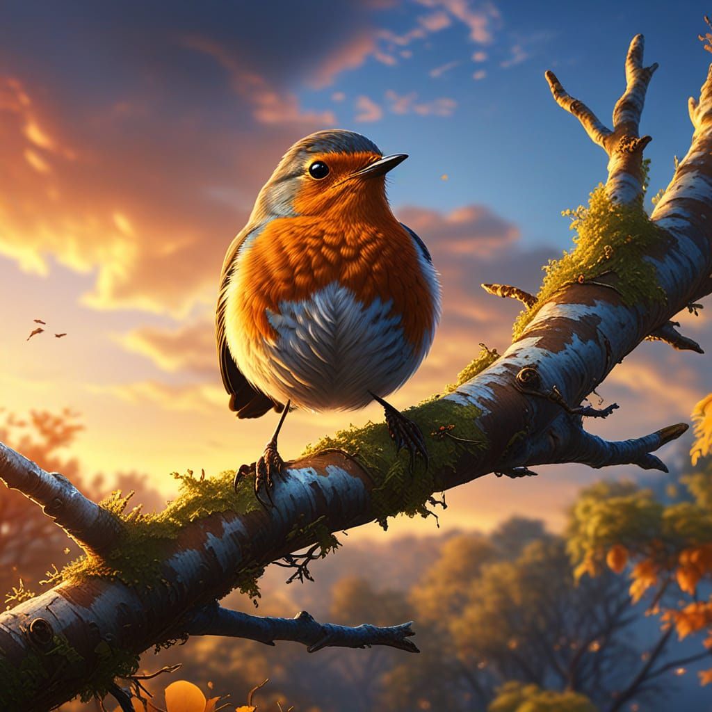 Robin Sings in Golden Light: Fantasy Oil Painting
