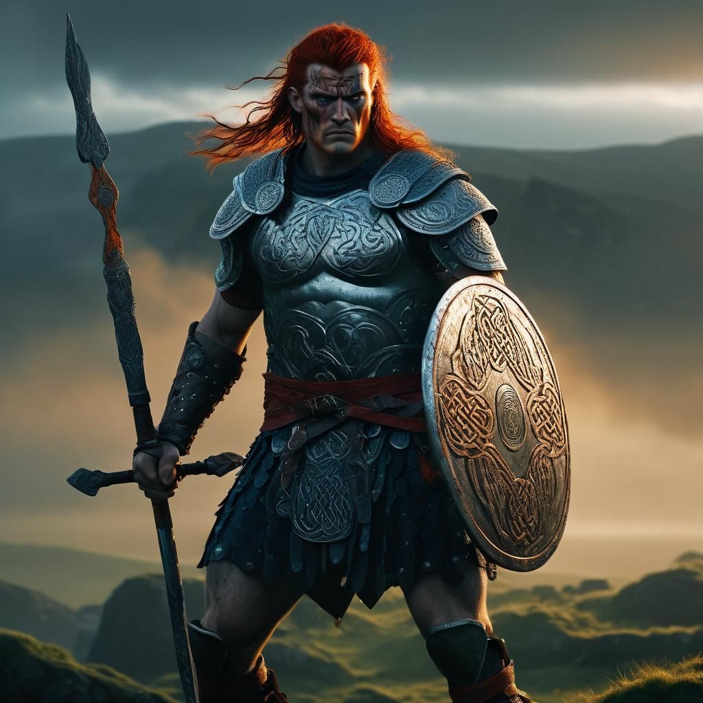 Cú Chulainn Ready for Battle in Misty Landscape