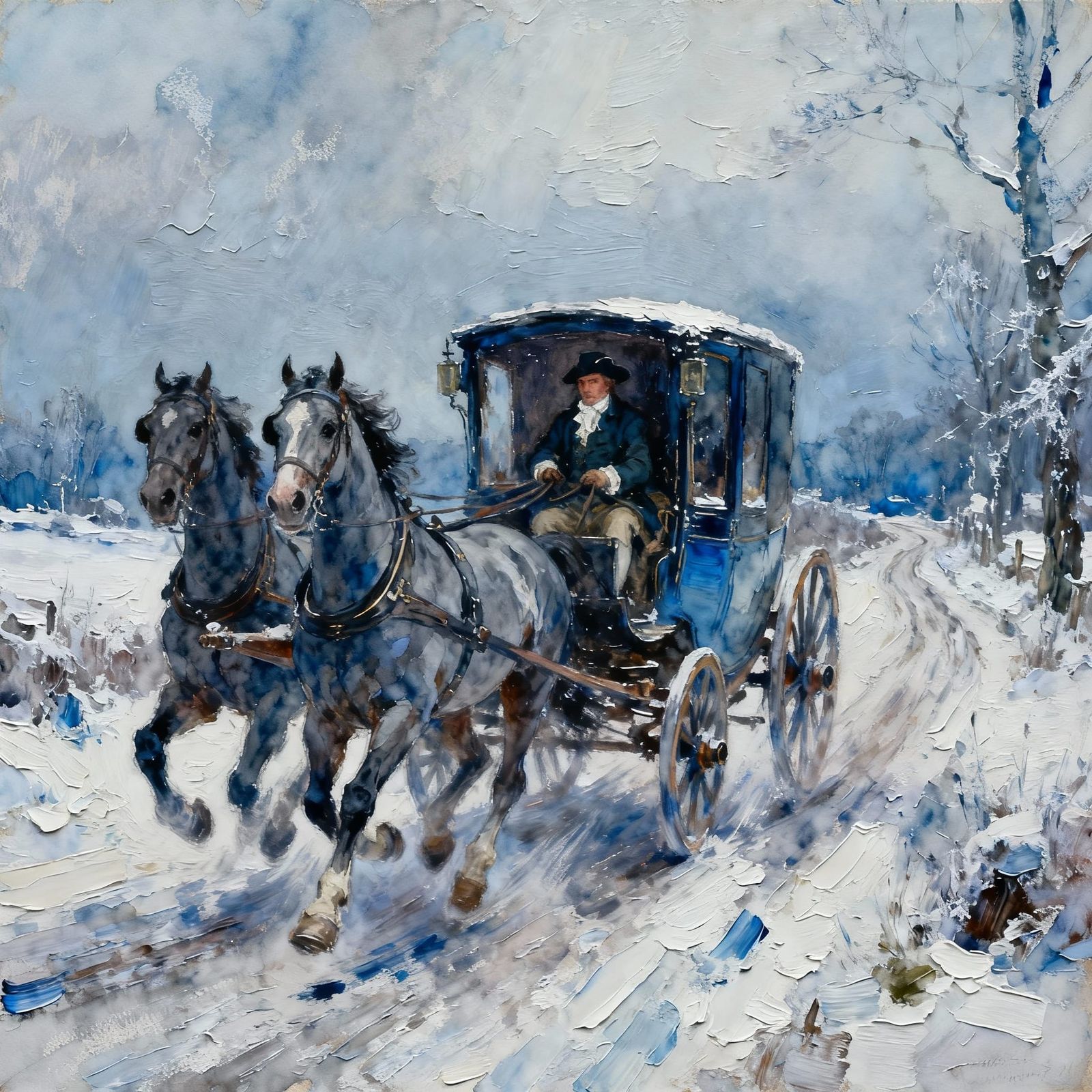 Winter Horse Carriage in Gouache Style