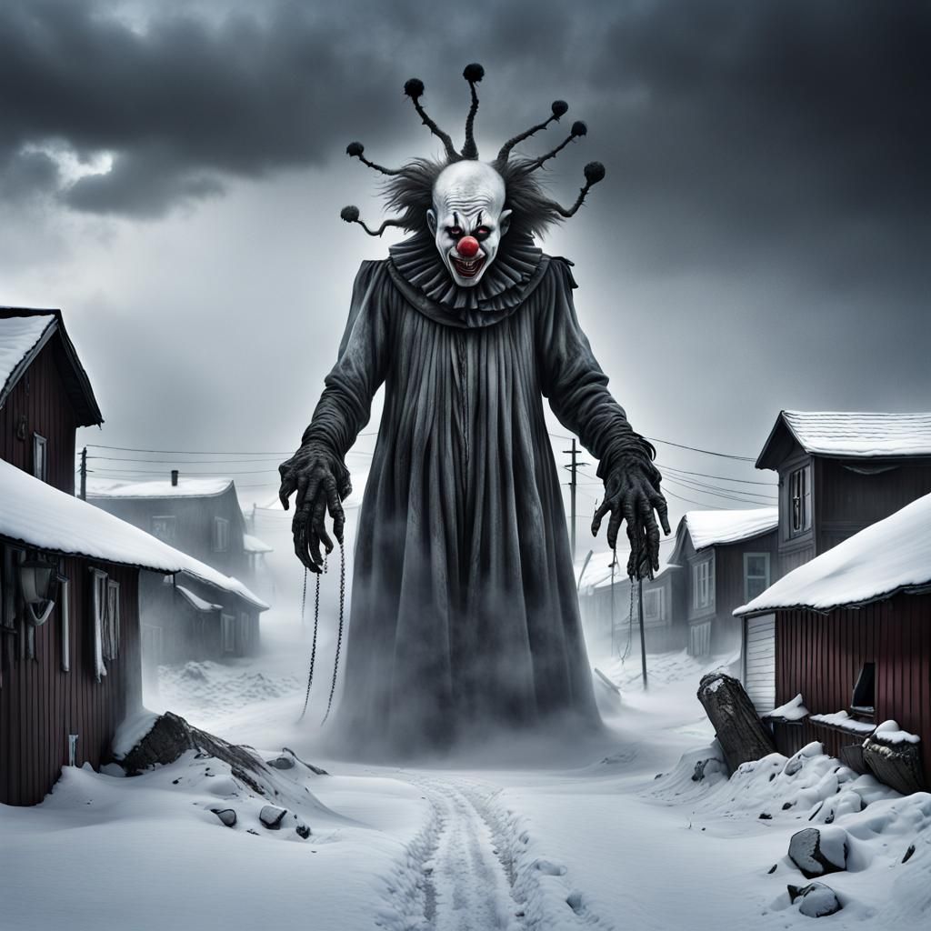 Apocalyptic Clown God Over Snowy Town, Surreal Horror