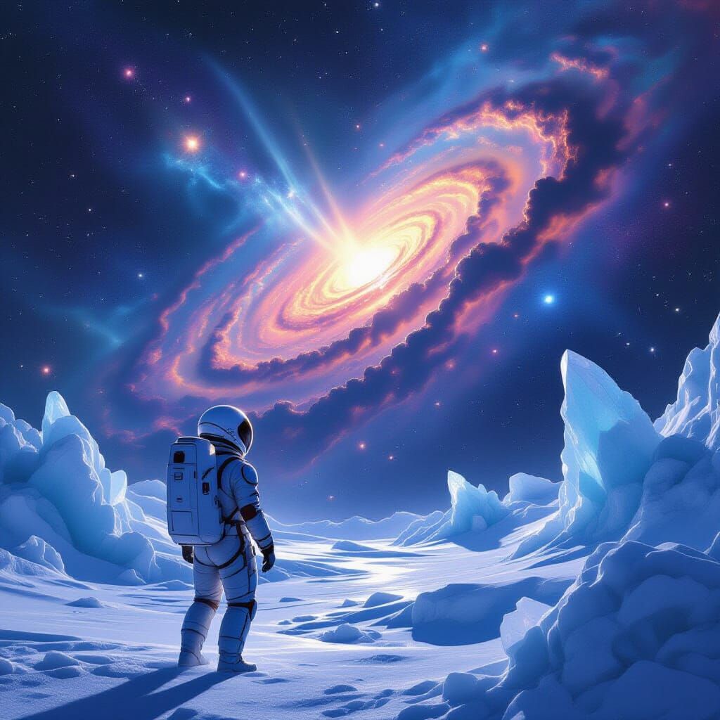 Astronaut Adrift in Cosmic Void, Gazing at Bioluminescent Ga...