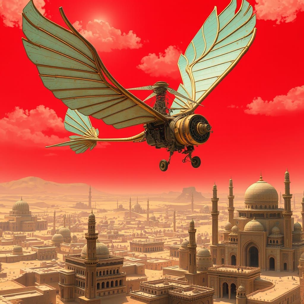 Steampunk Ornithopter Soaring Over Desert City