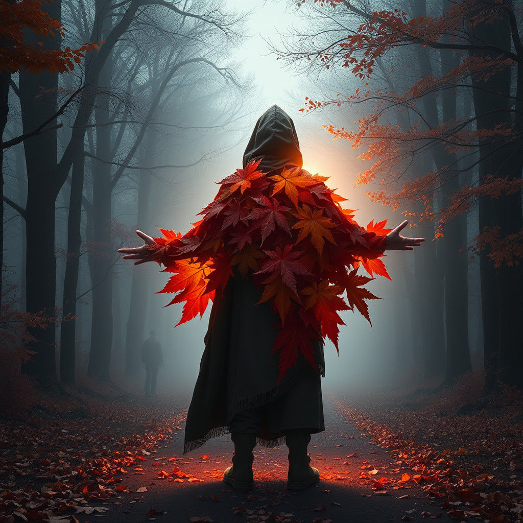 Autumn Figure Beckons on Forest Path