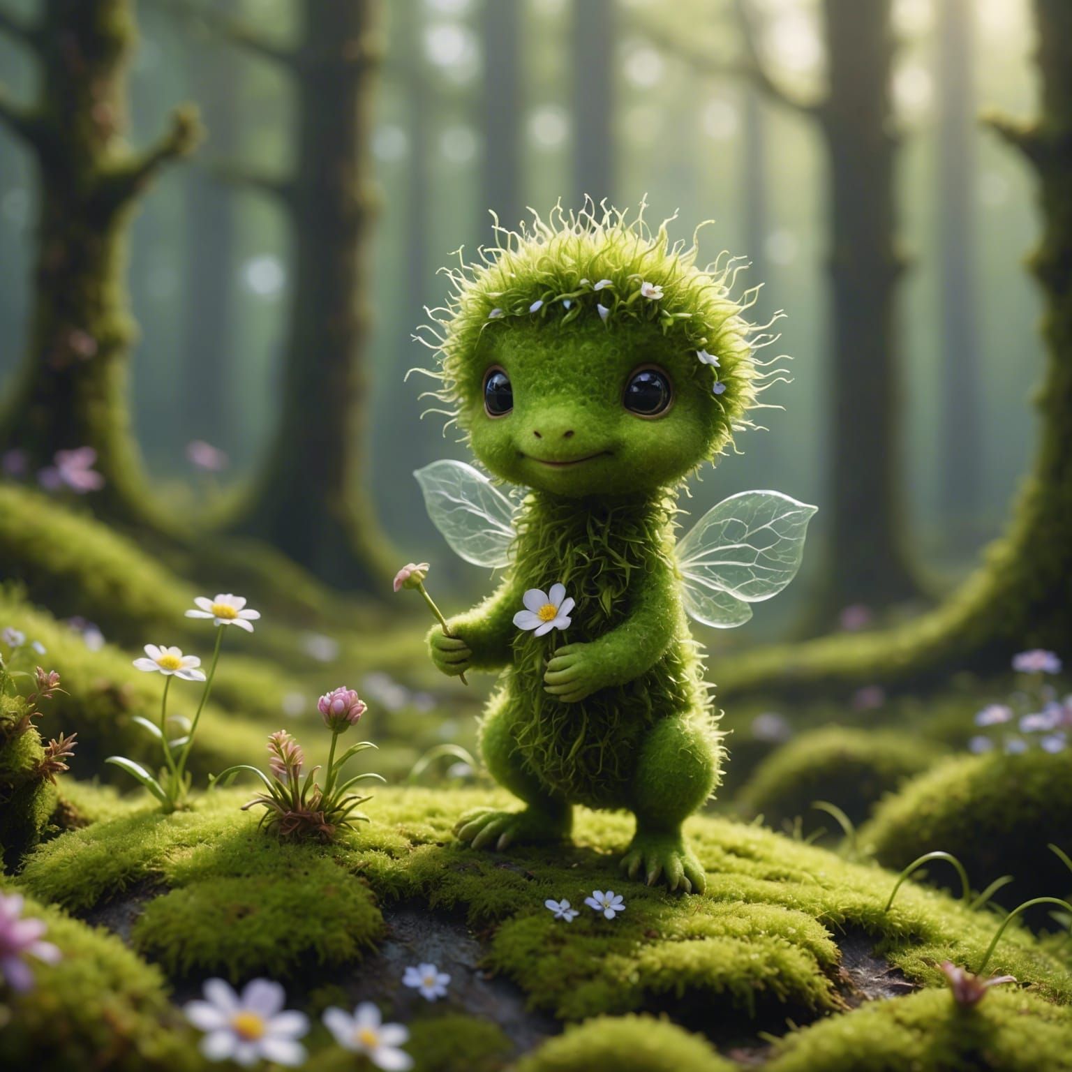 Moss Creature Holding Flower in Sunlit Forest