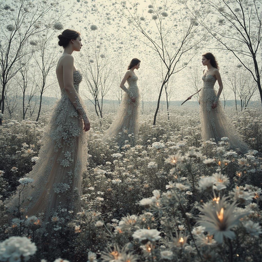 Intricate Vogue Figures Amidst Abstract Molecular Forms