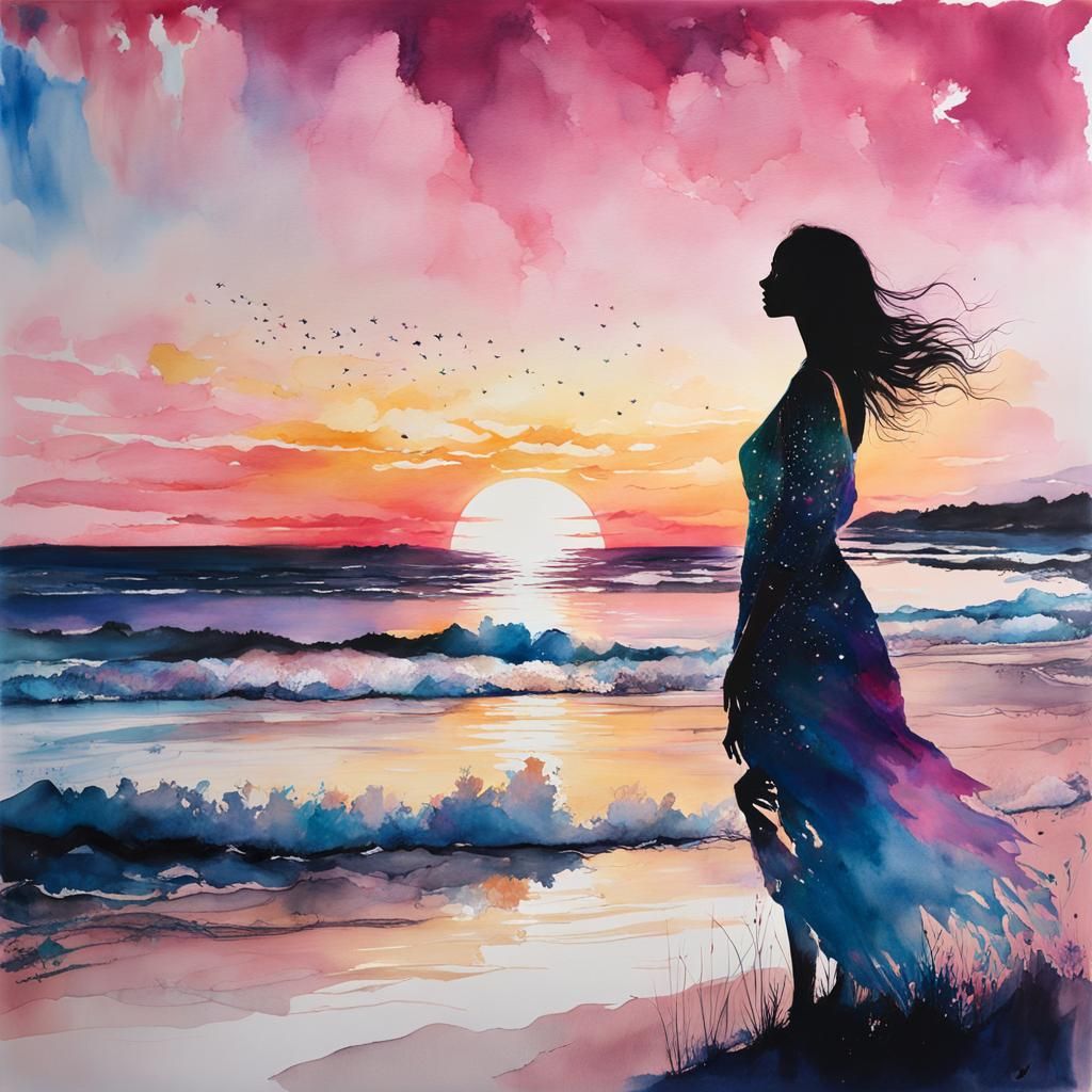 Double Exposure: Woman, Sunset, Watercolor in Gouache Style