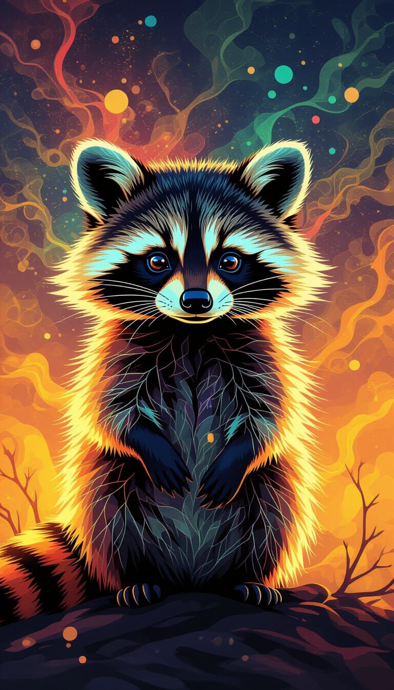 Chibi Raccoon Silhouette with Chaos Energy, Surreal Art