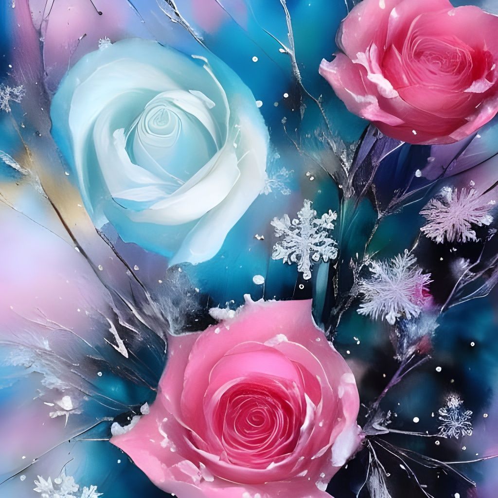 Detailed Ice Rose with Marbling and Oil Effects