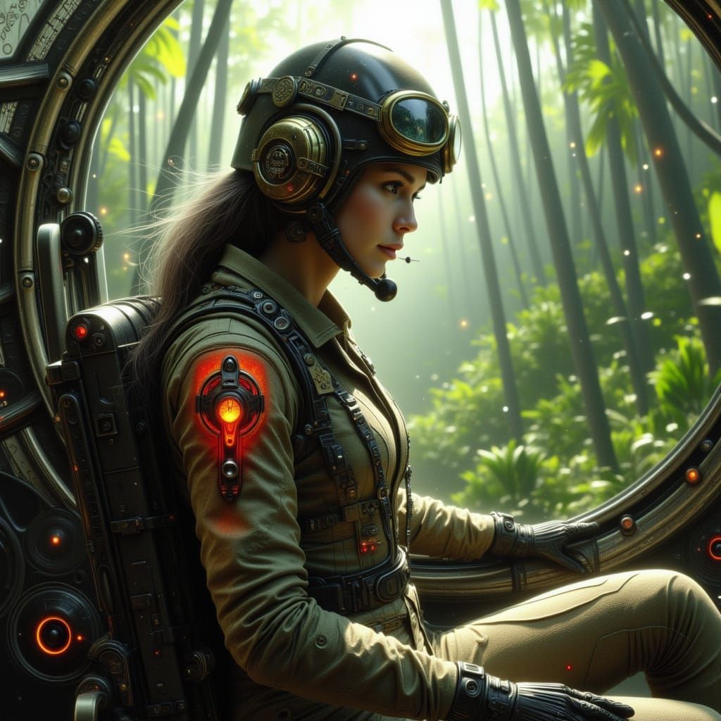 WWII Pilot in Vintage Helicopter in Misty Jungle Clearing