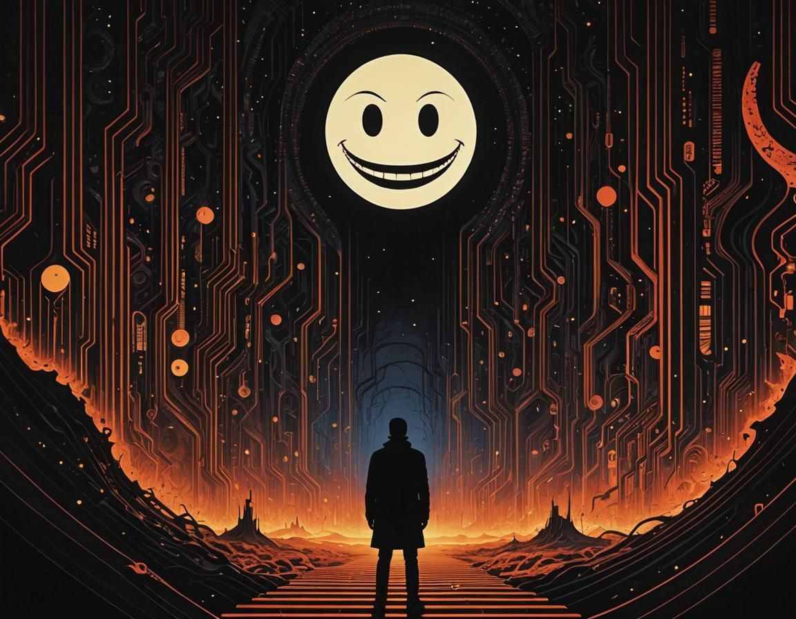 Dark Figure with Smiley Mask: Surreal Horror