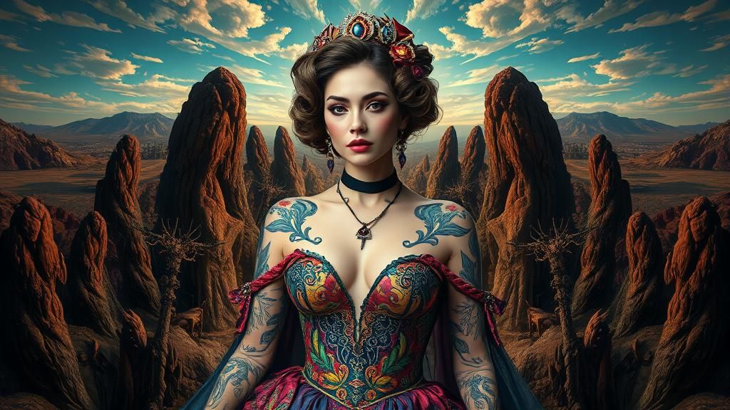 Majestic Woman in Baroque Gown with Surreal Landscape