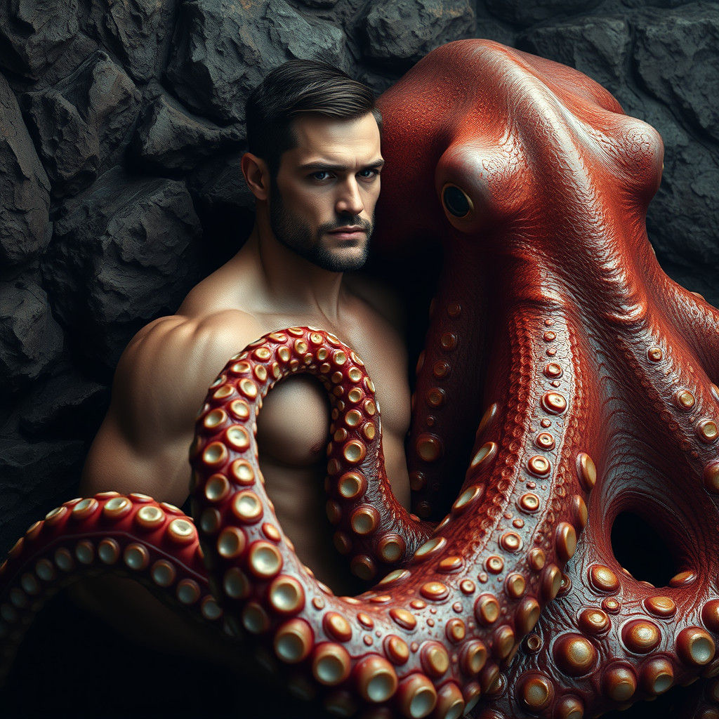 Man and Octopus: A Surreal Embrace in Dark Tones