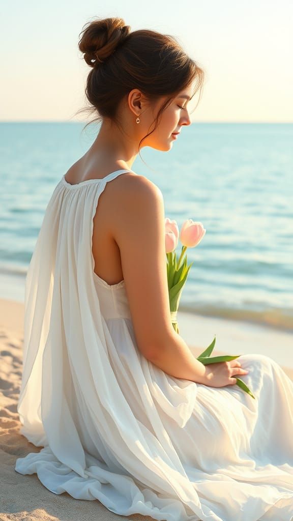 Woman Contemplates Azure Sea in Dreamy Watercolor Scene