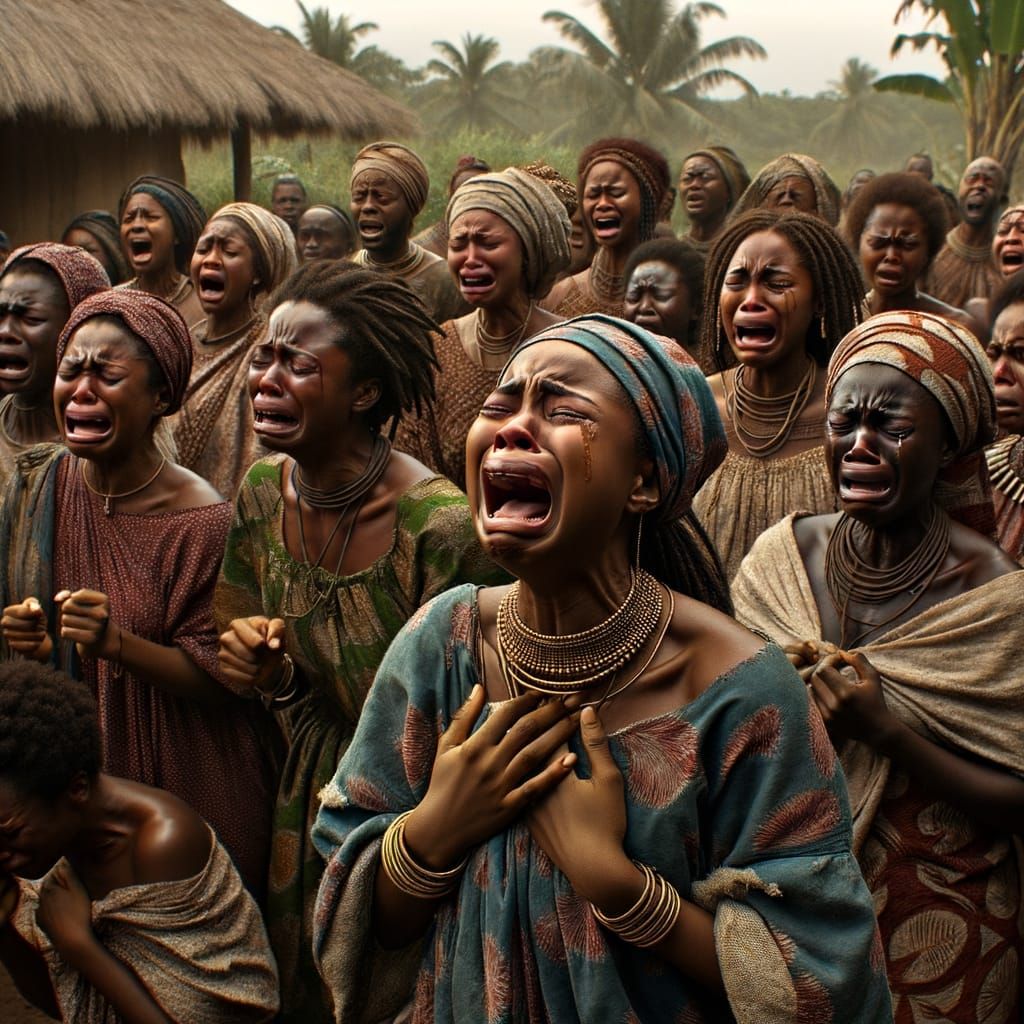 Mourning Women in African Village Compound