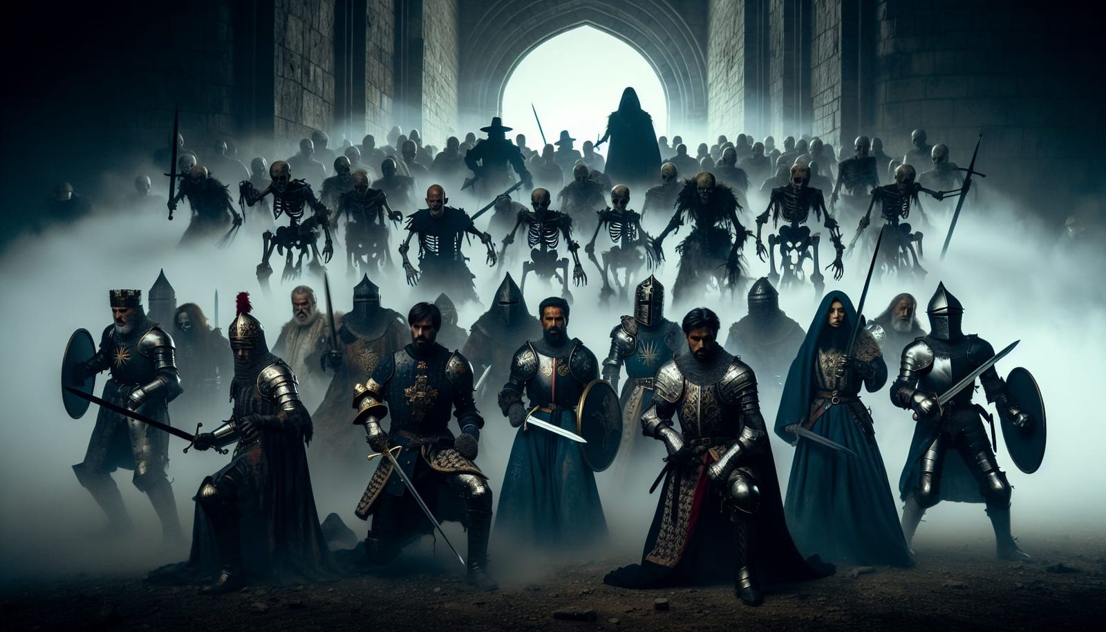 Knights' Last Stand Against Skeleton Warriors in Fog