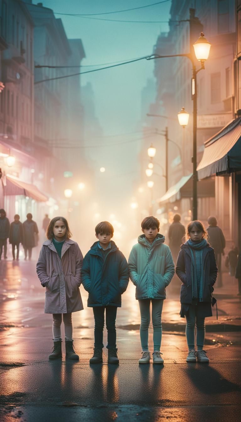 Kids in Dreamy Street Scene with Magic Hour Lighting