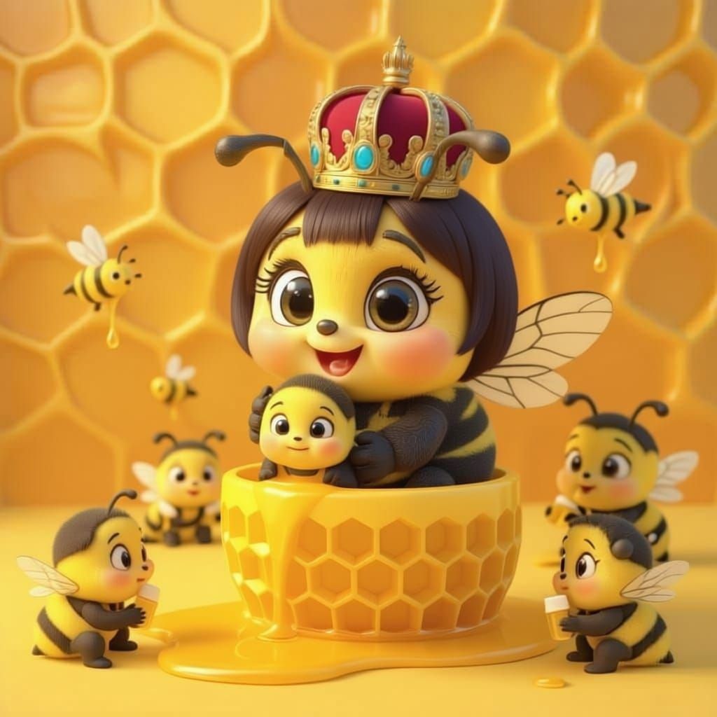 Cute Baby Bumblebees Drinking Honey in Pixar Style