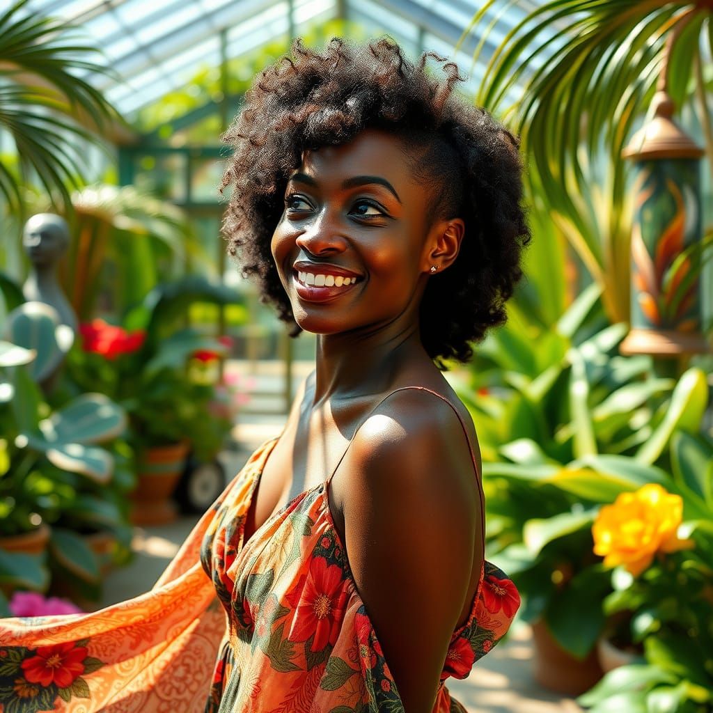 Sultry Black Woman Contemplates Art in a Tropical Conservato...