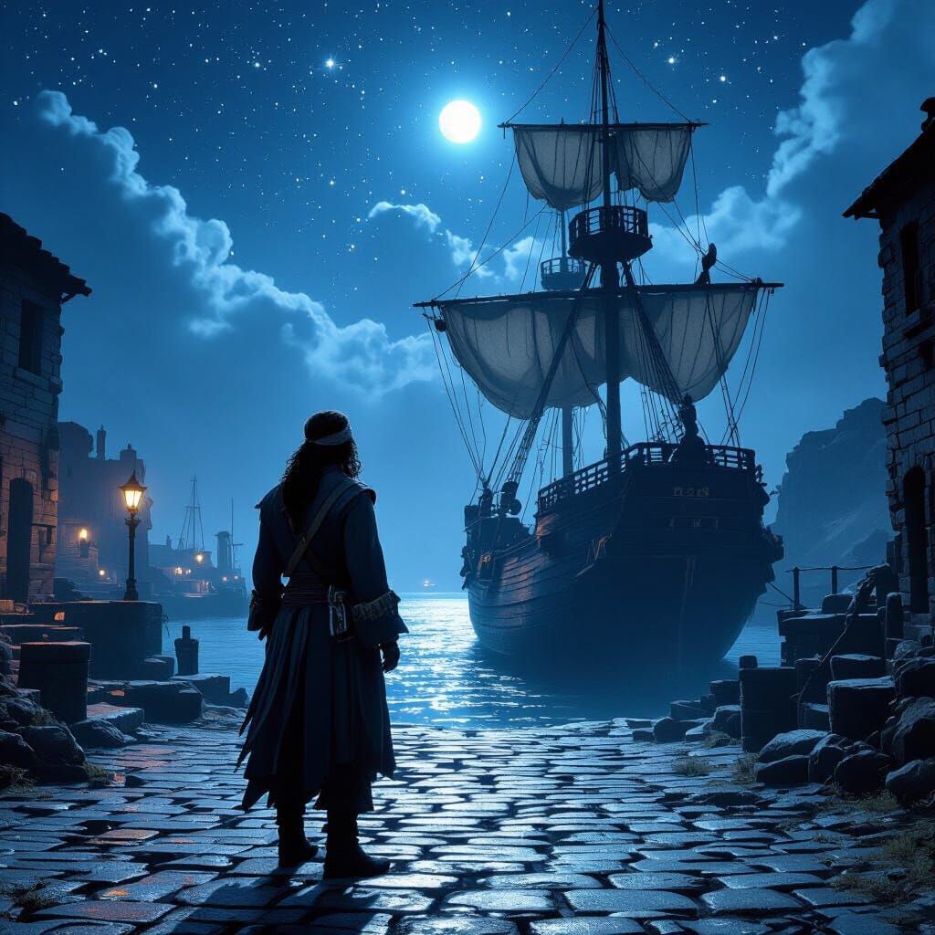 Pirate Encounter at Abandoned Harbor Under Starry Sky