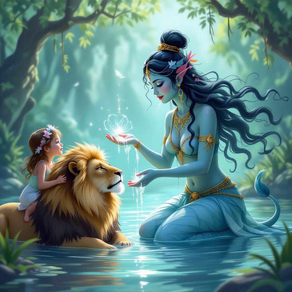 Mythological Water Spirit Playing With a Girl and Lion