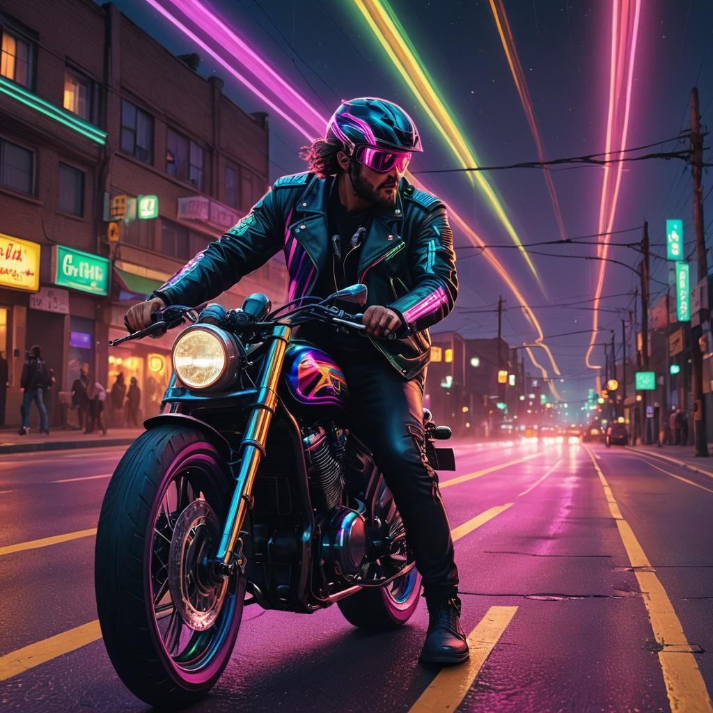 Rainbow Biker Rides at Night: Neon Fantasy Art
