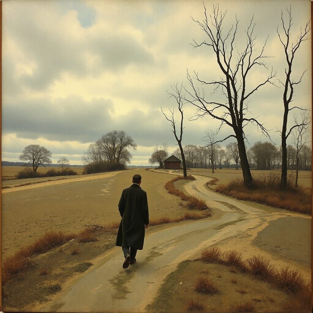Desolate Landscape with Lone Figure in Somber Realism