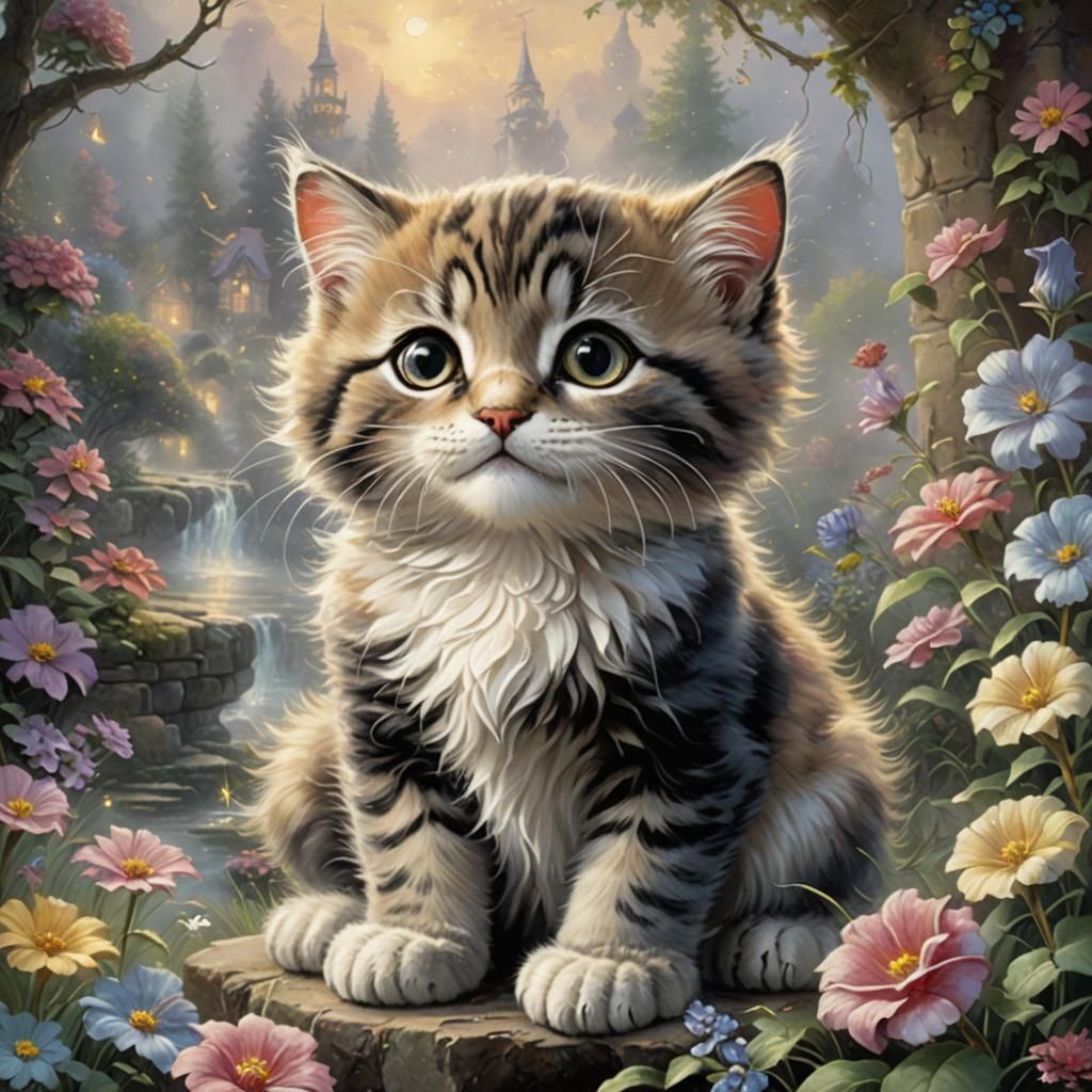 Ethereal Fantasy Feline: Hyperdetailed Thomas Kinkade Style