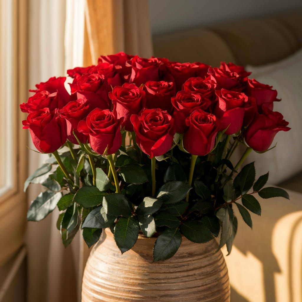 Two Dozen Red Roses in Golden Sunlight