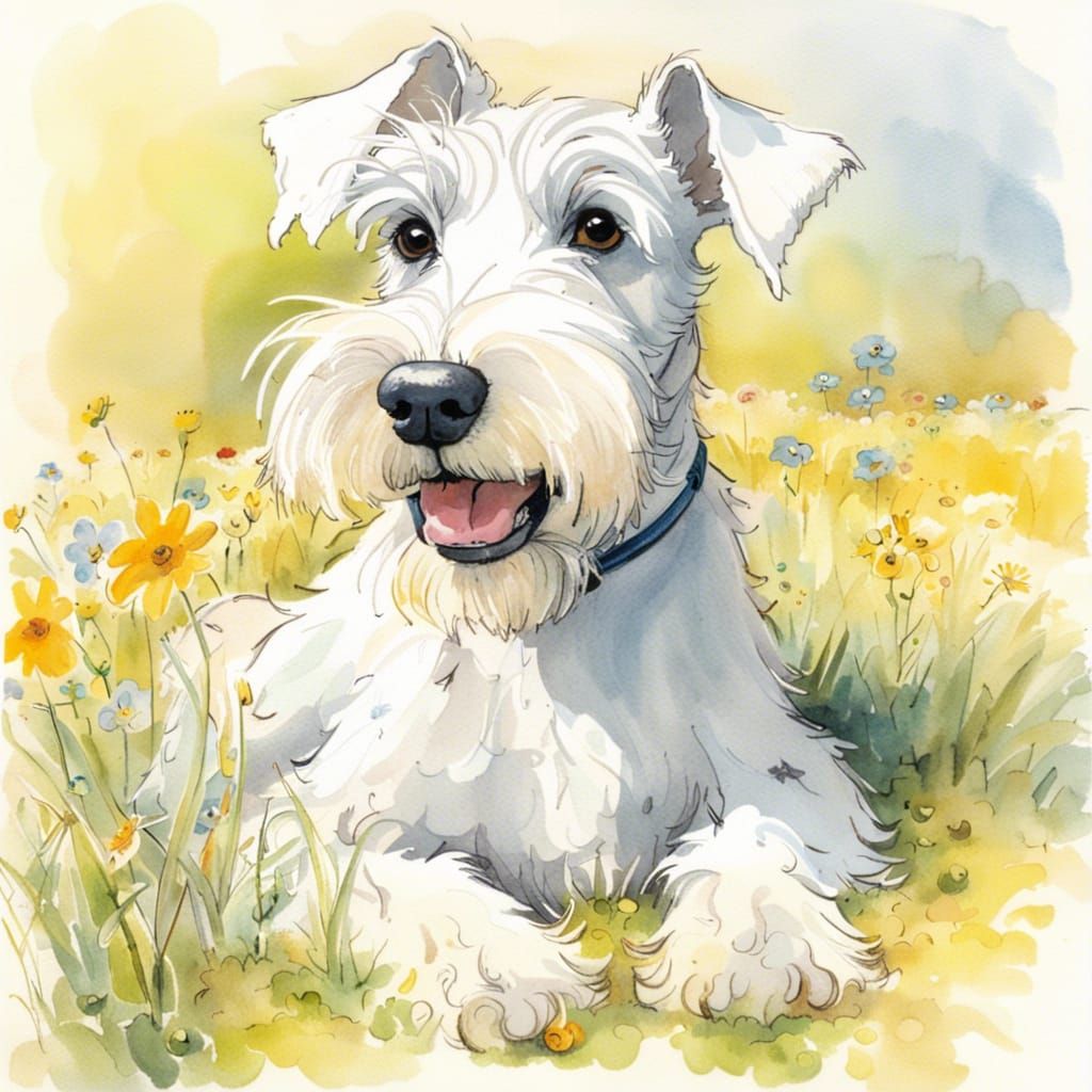 Happy Schnauzer in Sunny Pasture, Illustrated Style
