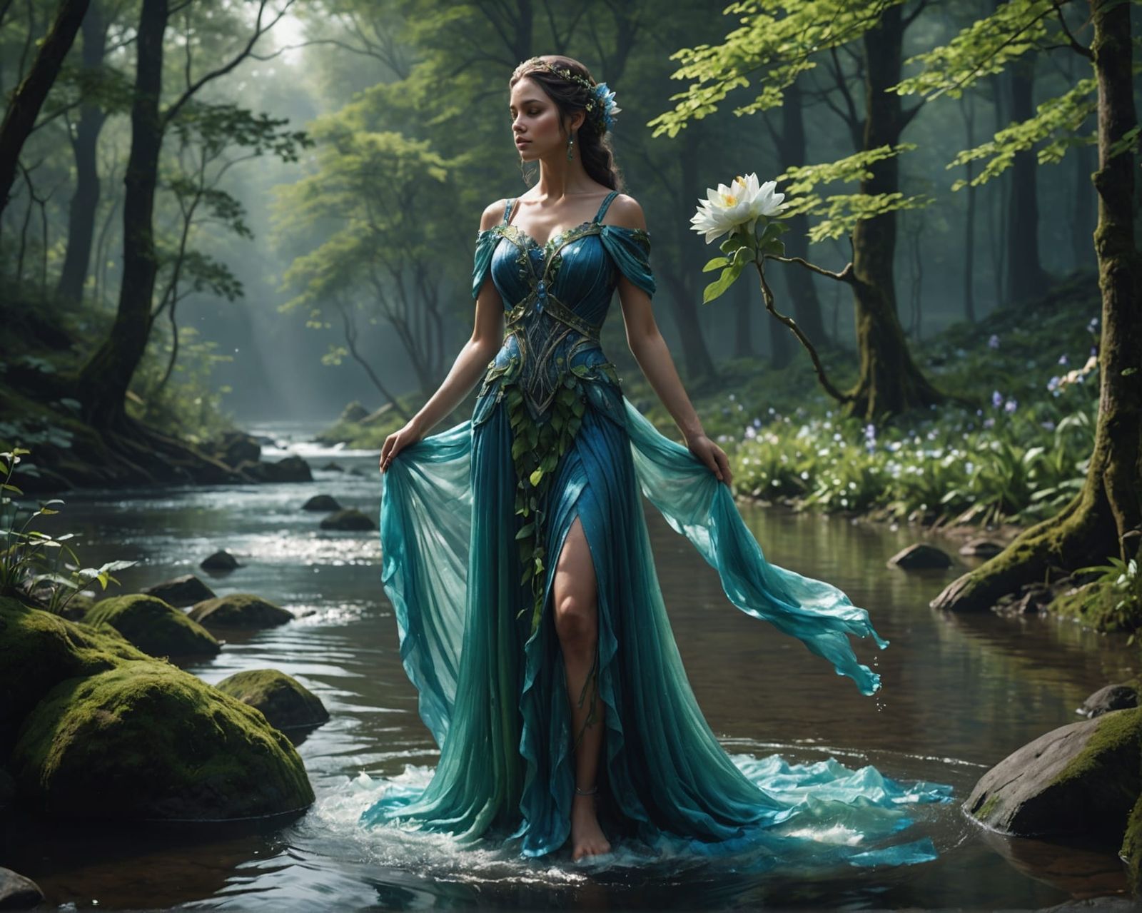 Ethereal Earth and Water Goddess in Forest Setting