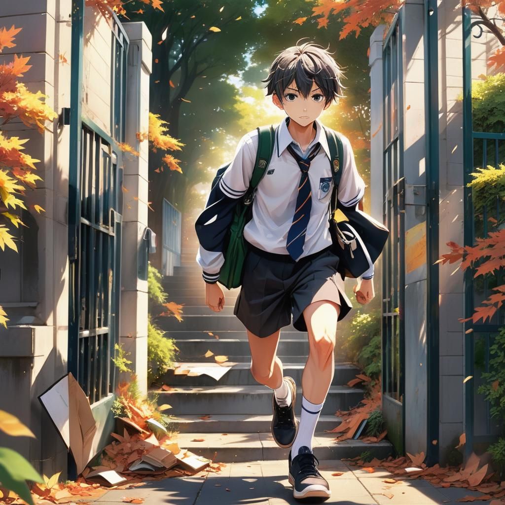Boy Falls Outside School Gate in Anime Art