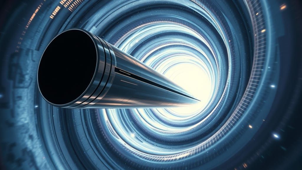 huge interstellar ship, cylinder shaped, smooth and
straight, made of shiny reflective metal, flying at warp speed, towa...