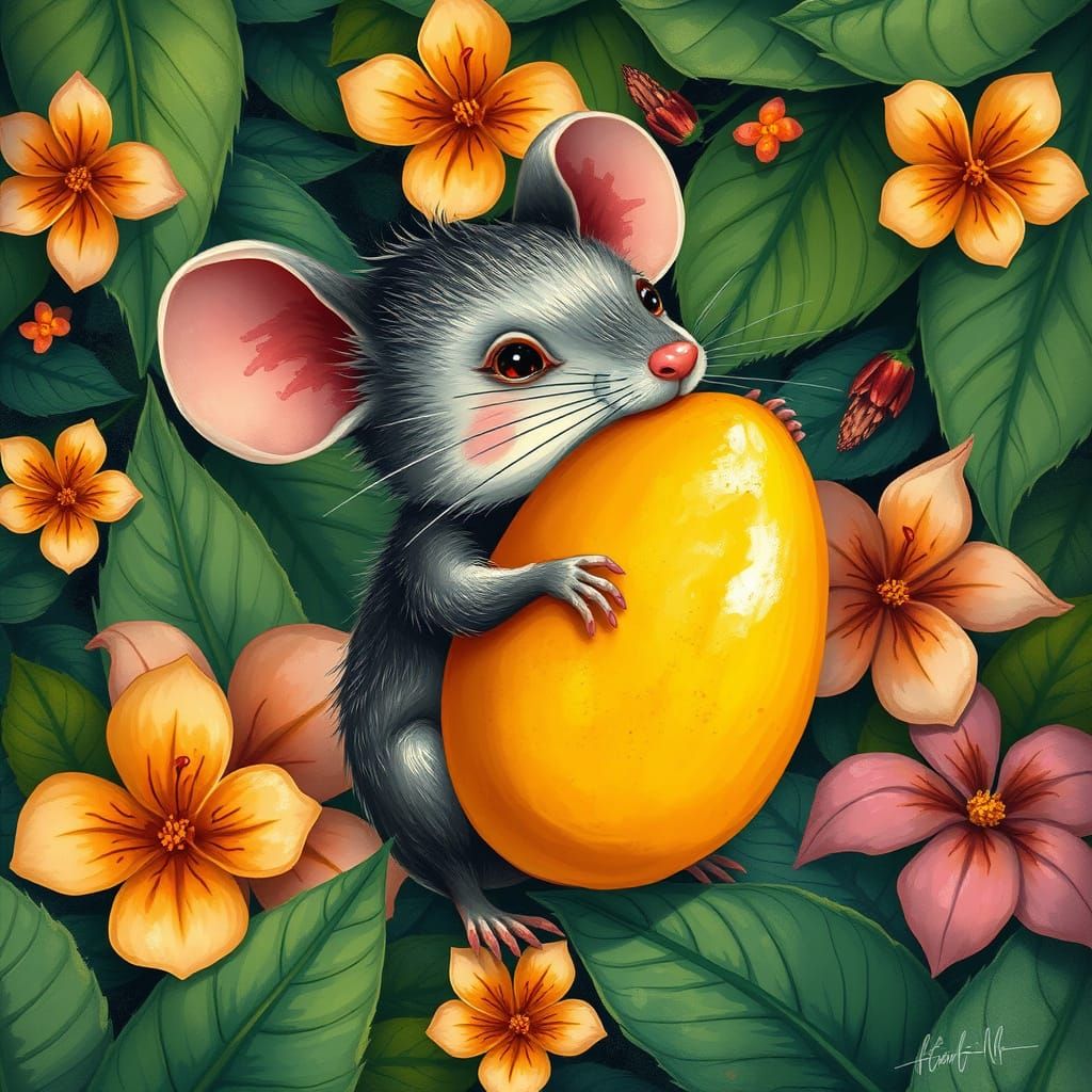 Whimsical Tropical Mouse Holds a Luscious Mango