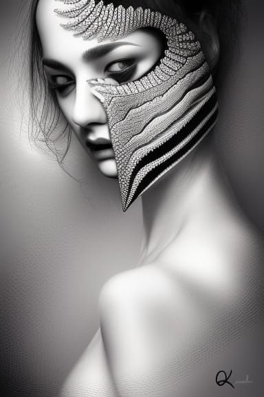 Masked Woman Portrait in Fractal Art Nouveau Style
