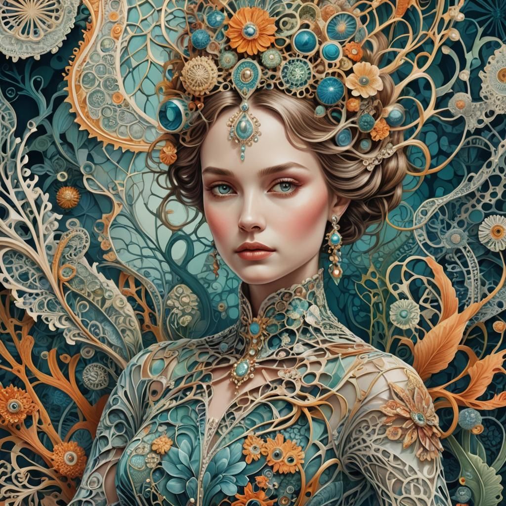 Elegant Woman in Vibrant Haute Couture with Natural Patterns