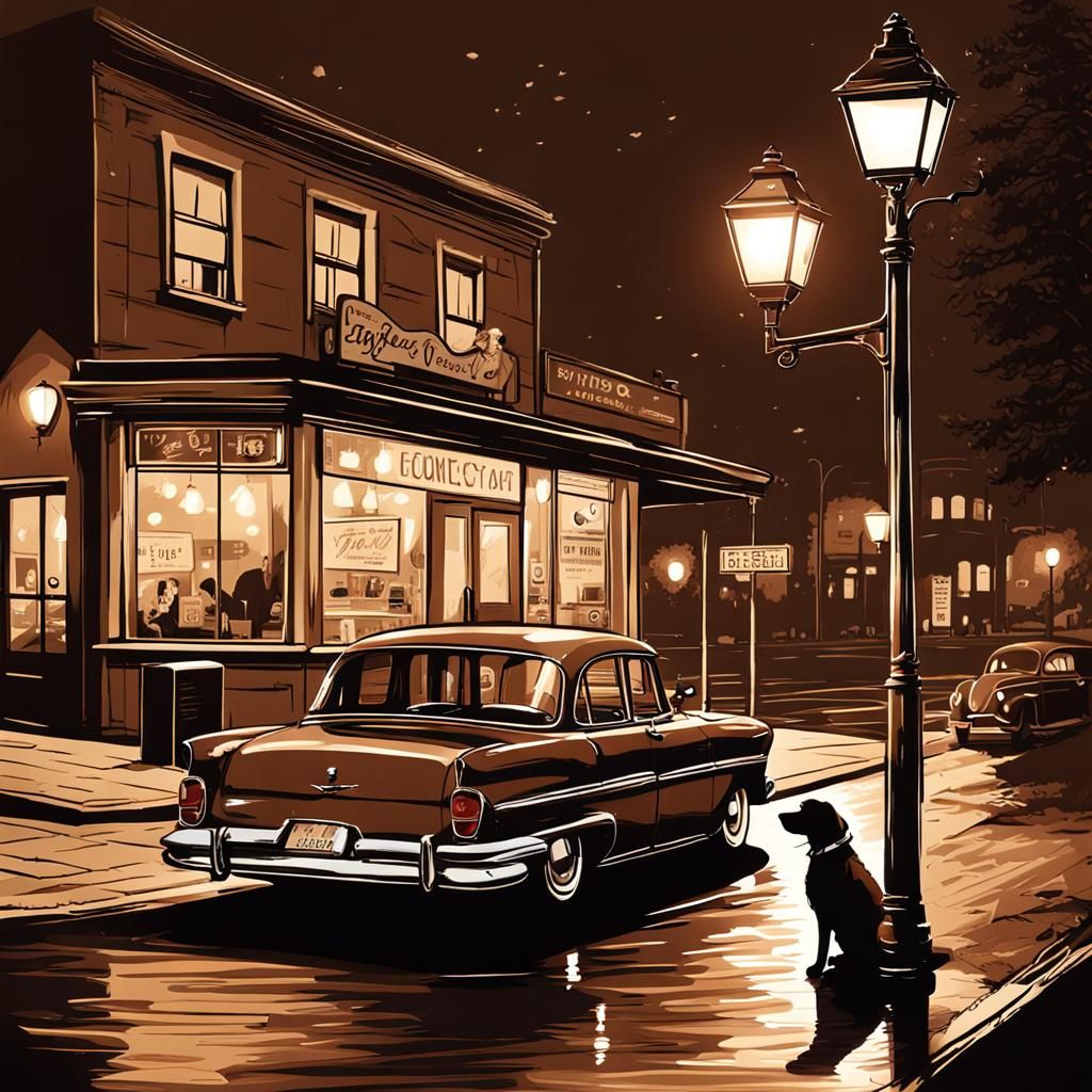 Vintage Car at Coffee Shop on Night Road