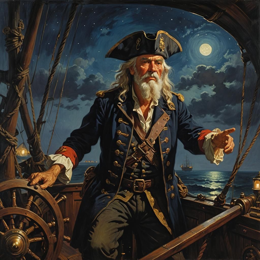 Pirate Captain at the Helm: Oil Painting