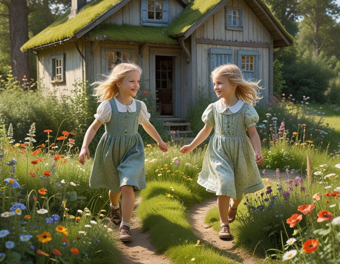 Cozy Swedish Summer House Scene in Whimsical Garden