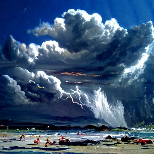 Beach Under Thunderous Clouds: An Oil Painting
